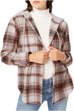 Womens Flannel Hooded Shacket Jacket Fashion Teen Girl Plaid Button Down Outerwear Shirts Preppy Fall Thin Hoodie Coat