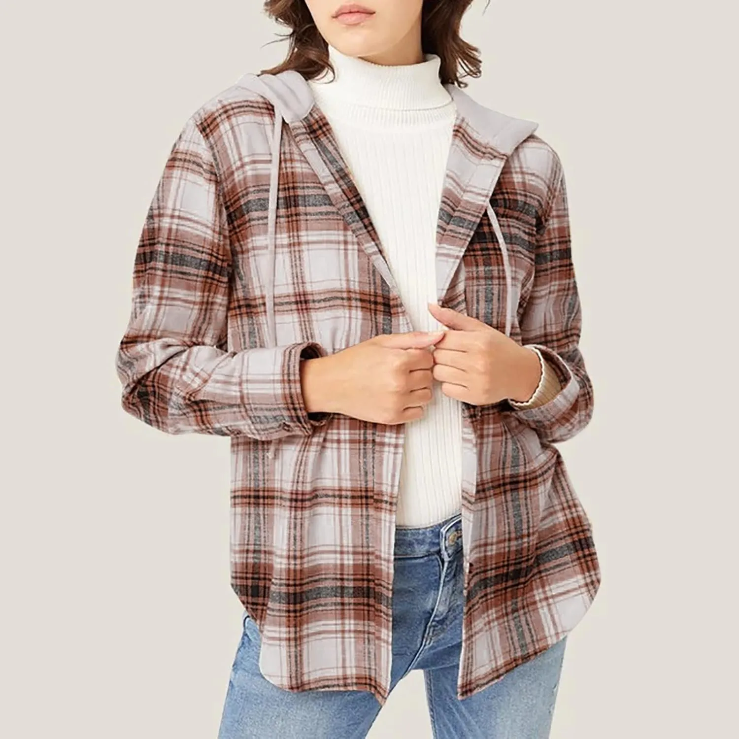 Womens Flannel Hooded Shacket Jacket Fashion Teen Girl Plaid Button Down Outerwear Shirts Preppy Fall Thin Hoodie Coat