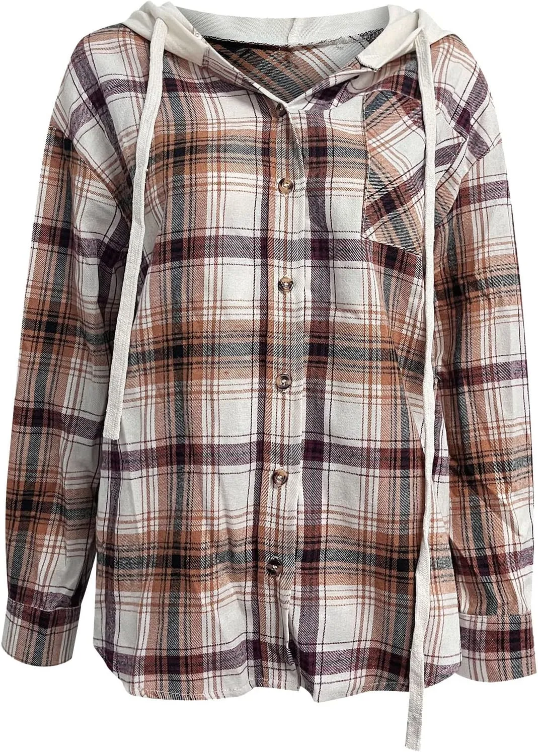 Womens Flannel Hooded Shacket Jacket Fashion Teen Girl Plaid Button Down Outerwear Shirts Preppy Fall Thin Hoodie Coat