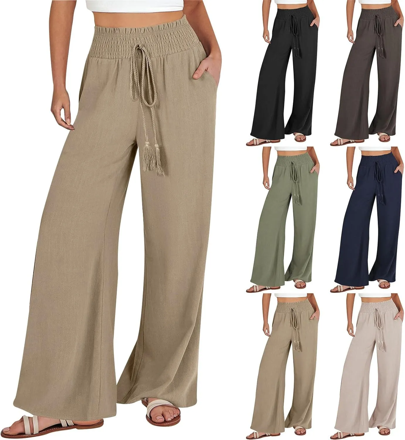 Womens Flowy Linen Pant with Pockets Wide Leg Palazzo Elastic Waist Pants Casual Dressy Summer Trousers