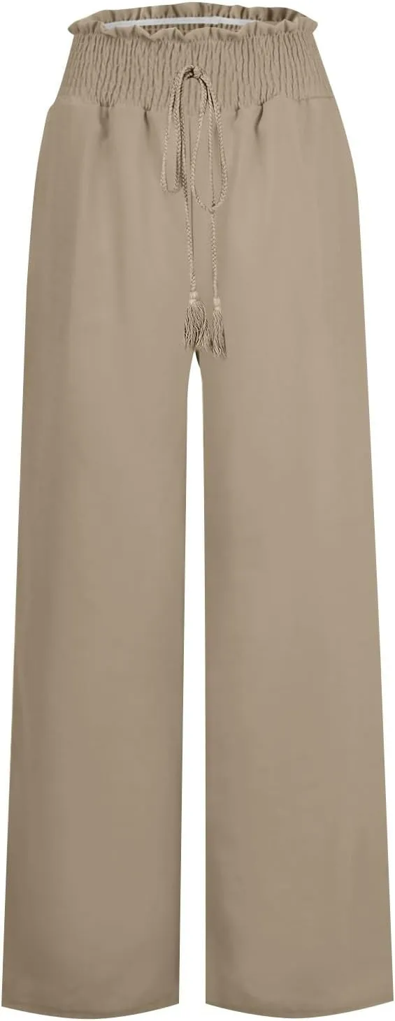 Womens Flowy Linen Pant with Pockets Wide Leg Palazzo Elastic Waist Pants Casual Dressy Summer Trousers