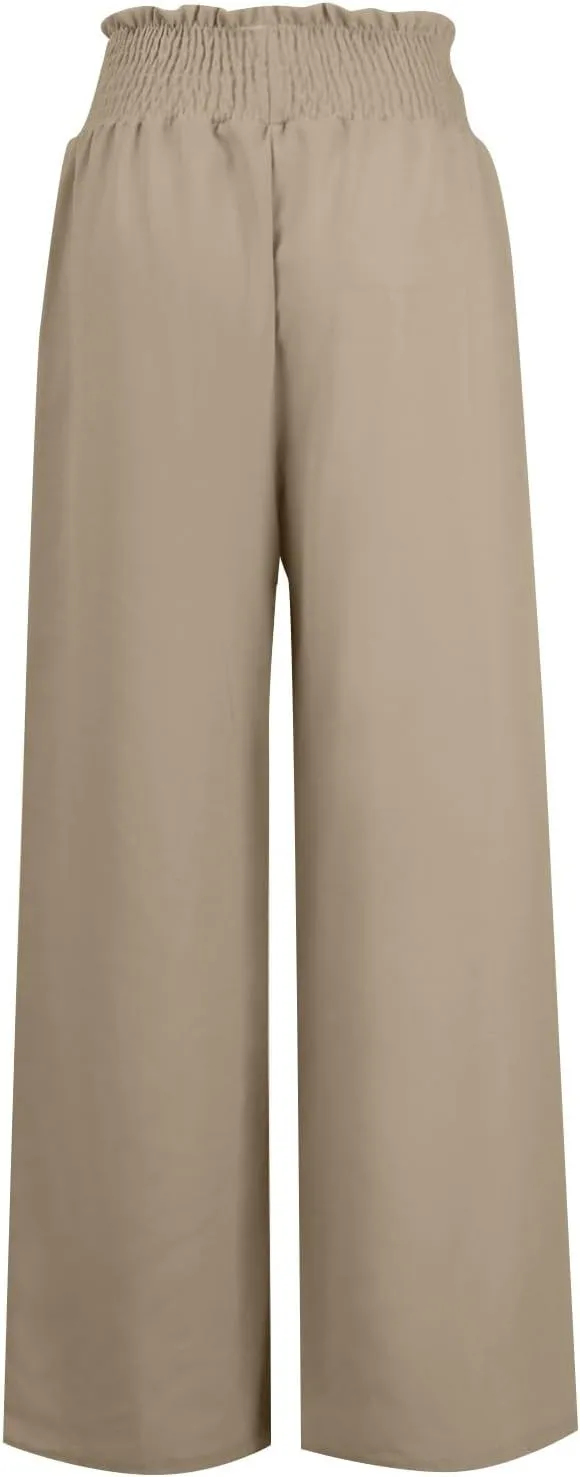 Womens Flowy Linen Pant with Pockets Wide Leg Palazzo Elastic Waist Pants Casual Dressy Summer Trousers