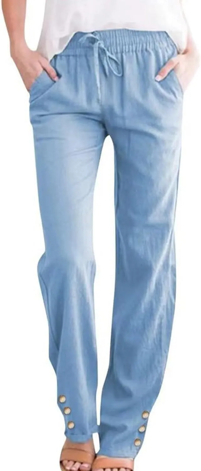 Women's High Waist Linen Pants Summer Elastic Drawstring Casual Trousers with Pocket, Comfy Straight Leg Lounge Pants