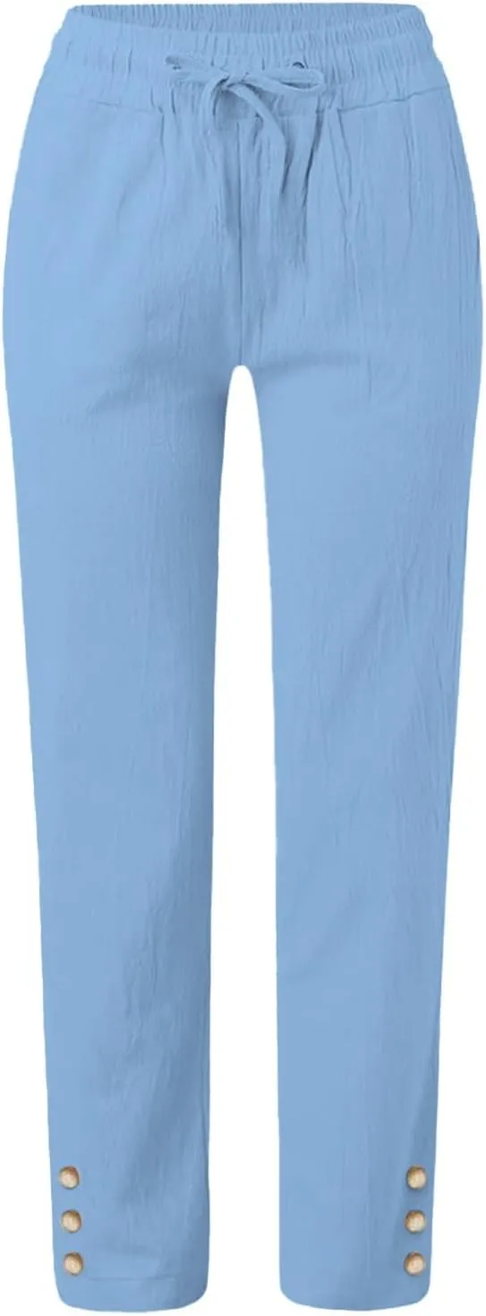 Women's High Waist Linen Pants Summer Elastic Drawstring Casual Trousers with Pocket, Comfy Straight Leg Lounge Pants
