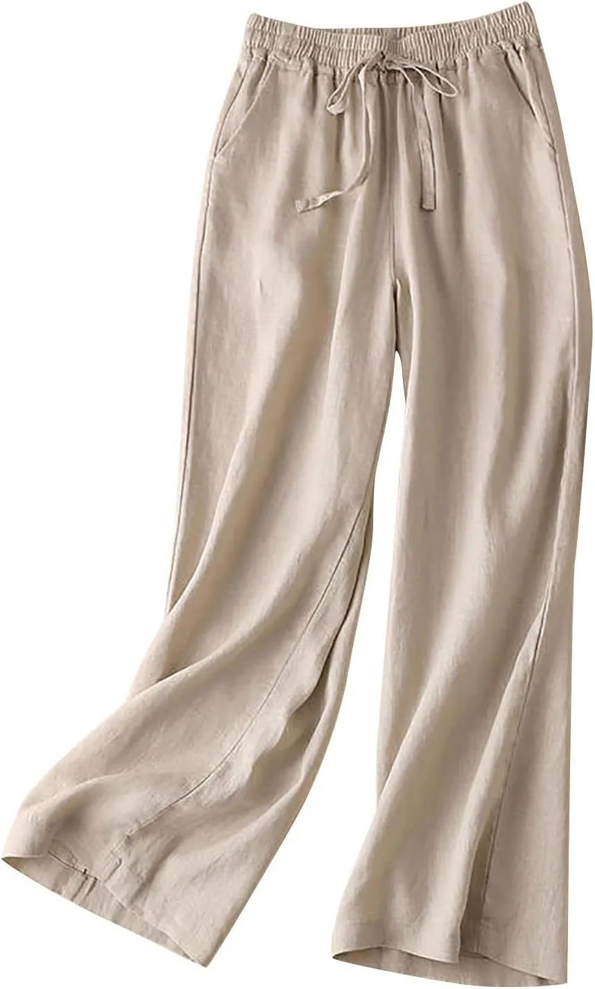 Women's High Waist Linen Wide Leg Pants - Lightweight Solid Color Loose Fit Trousers, Slimming Summer Palazzo Pants