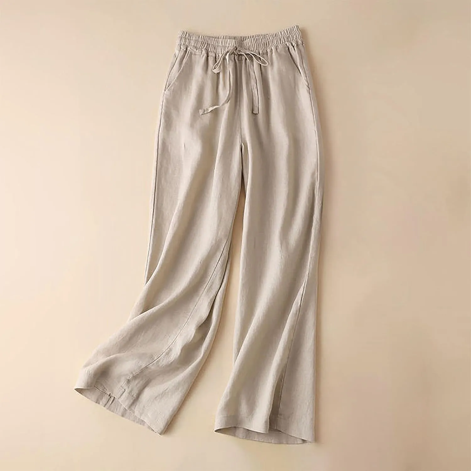Women's High Waist Linen Wide Leg Pants - Lightweight Solid Color Loose Fit Trousers, Slimming Summer Palazzo Pants
