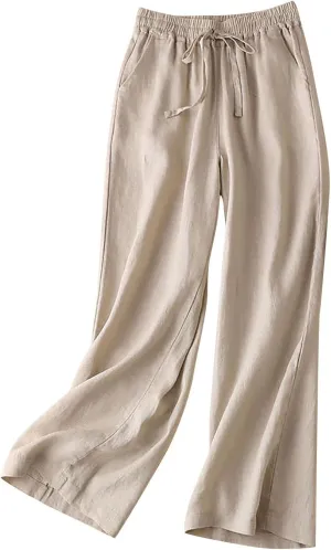 Women's High Waist Linen Wide Leg Pants - Lightweight Solid Color Loose Fit Trousers, Slimming Summer Palazzo Pants