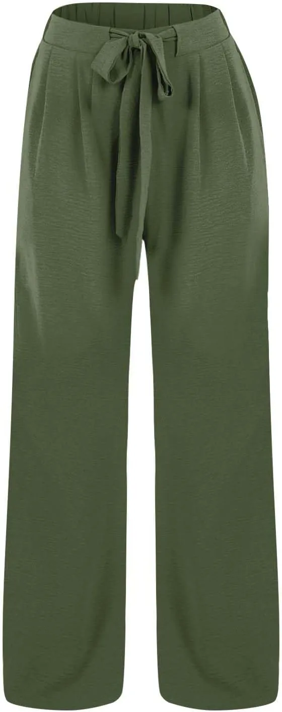 Women's High Waisted Wide Leg Flowy Pants Solid Color Tie Knot Palazzo Pants Casual Loose Beach Trousers with Pockets