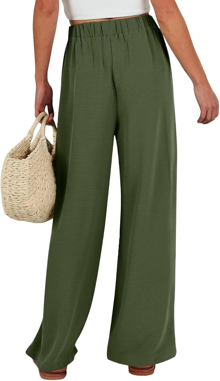 Women's High Waisted Wide Leg Flowy Pants Solid Color Tie Knot Palazzo Pants Casual Loose Beach Trousers with Pockets
