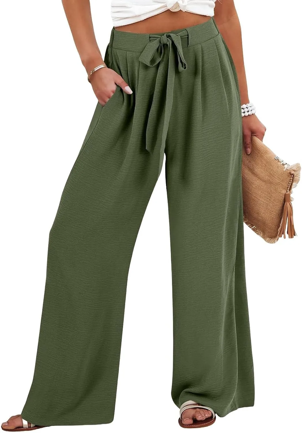 Women's High Waisted Wide Leg Flowy Pants Solid Color Tie Knot Palazzo Pants Casual Loose Beach Trousers with Pockets
