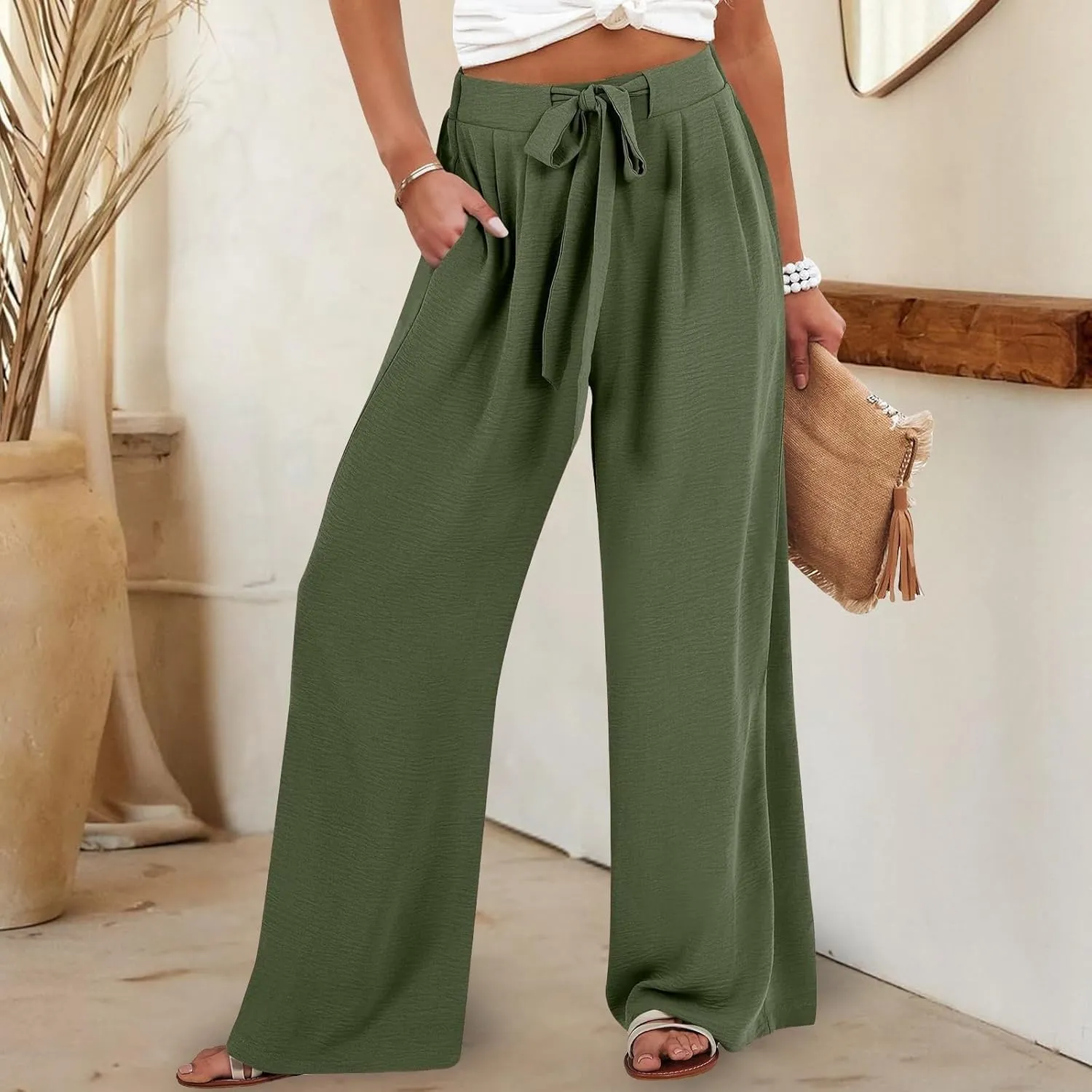 Women's High Waisted Wide Leg Flowy Pants Solid Color Tie Knot Palazzo Pants Casual Loose Beach Trousers with Pockets
