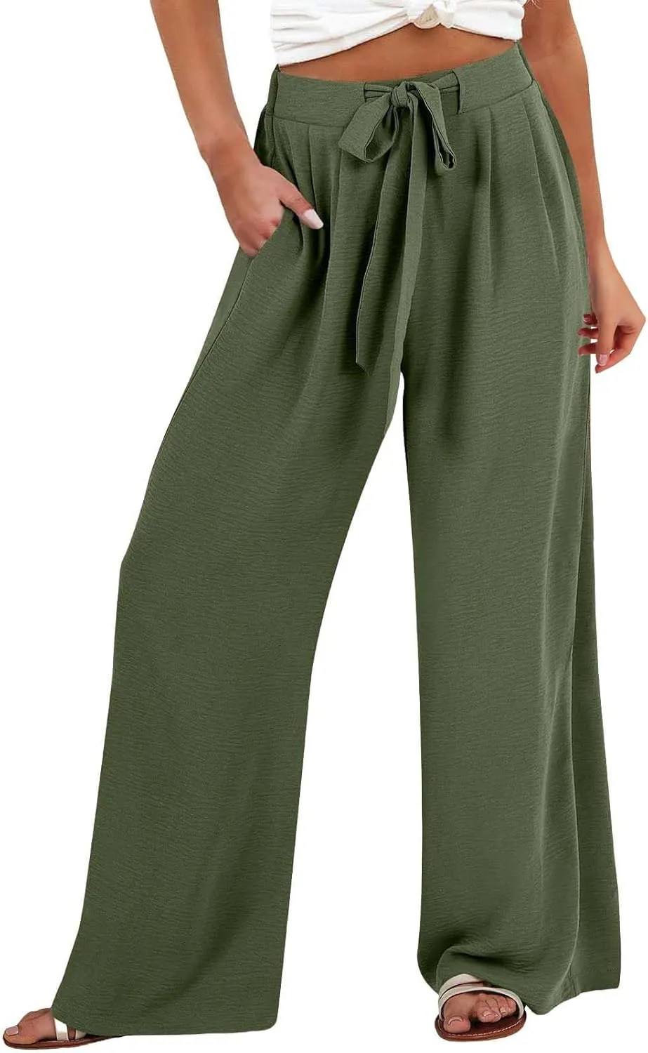 Women's High Waisted Wide Leg Flowy Pants Solid Color Tie Knot Palazzo Pants Casual Loose Beach Trousers with Pockets