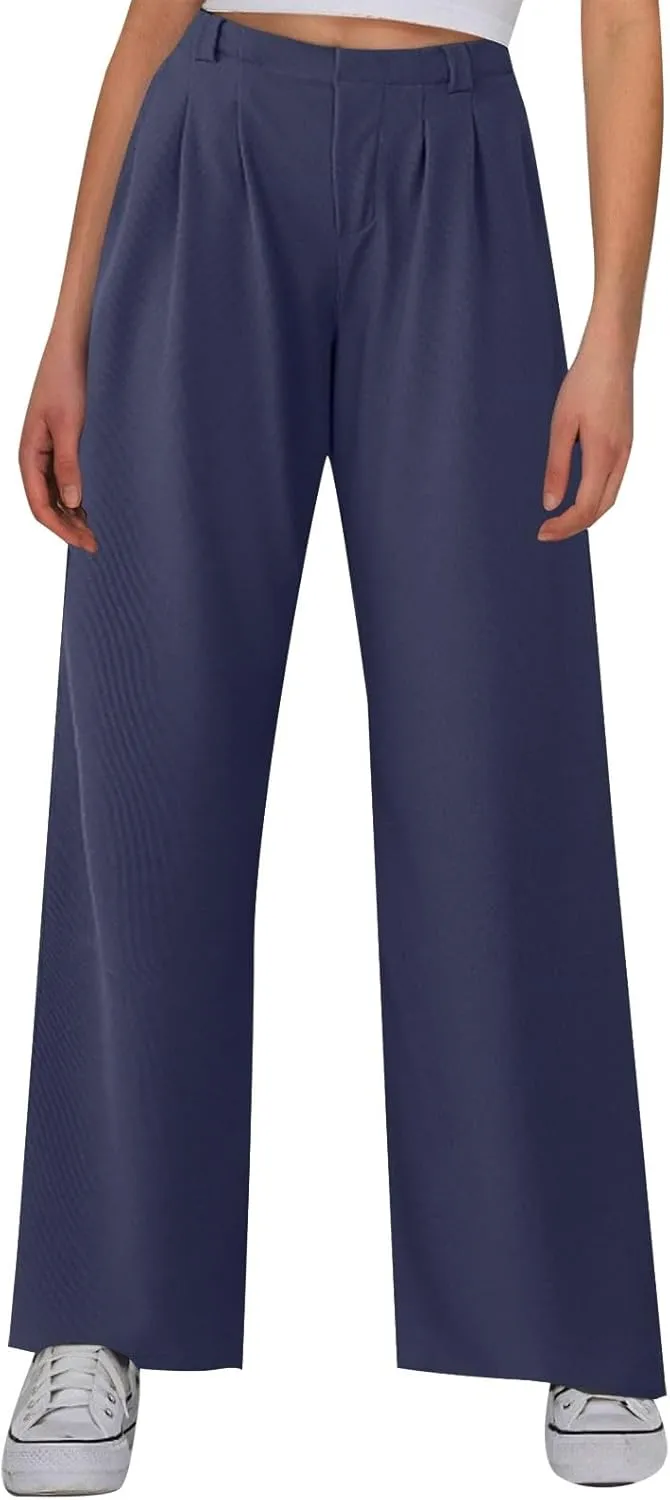 Women's Knit Wide-Leg Pants Summer Waffle Elastic High Waist Soft Palazzo Pants Loose-Fit Flowy Trousers with Pockets