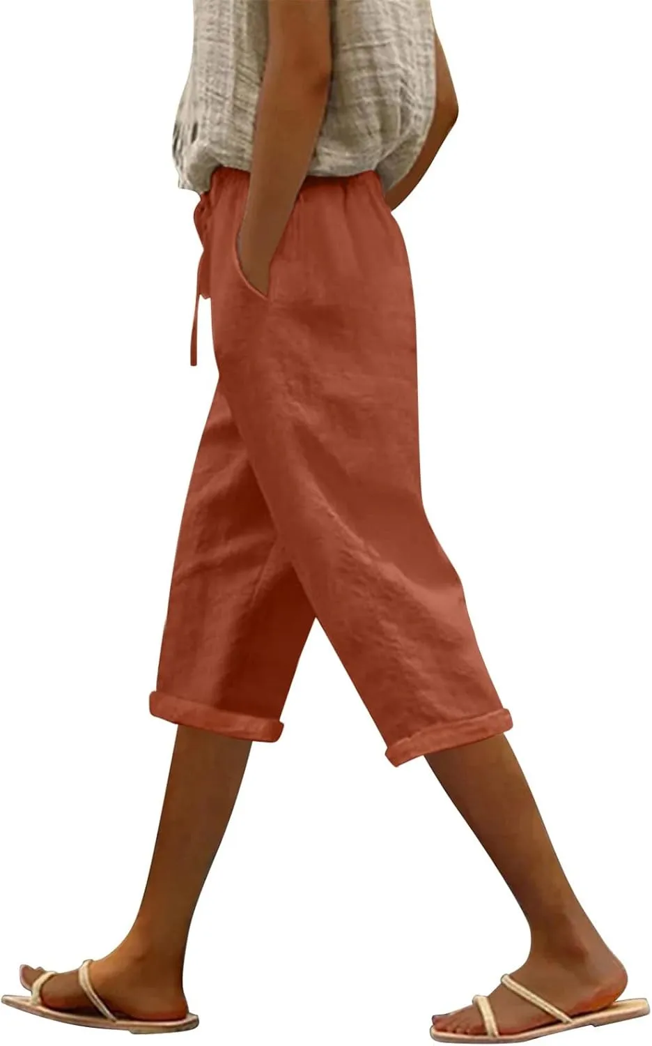 Women's Linen Capri Summer Solid Color Causal Bermuda Elastic Waist Petite Pants Workout Lounge Beach Leisure Shorts