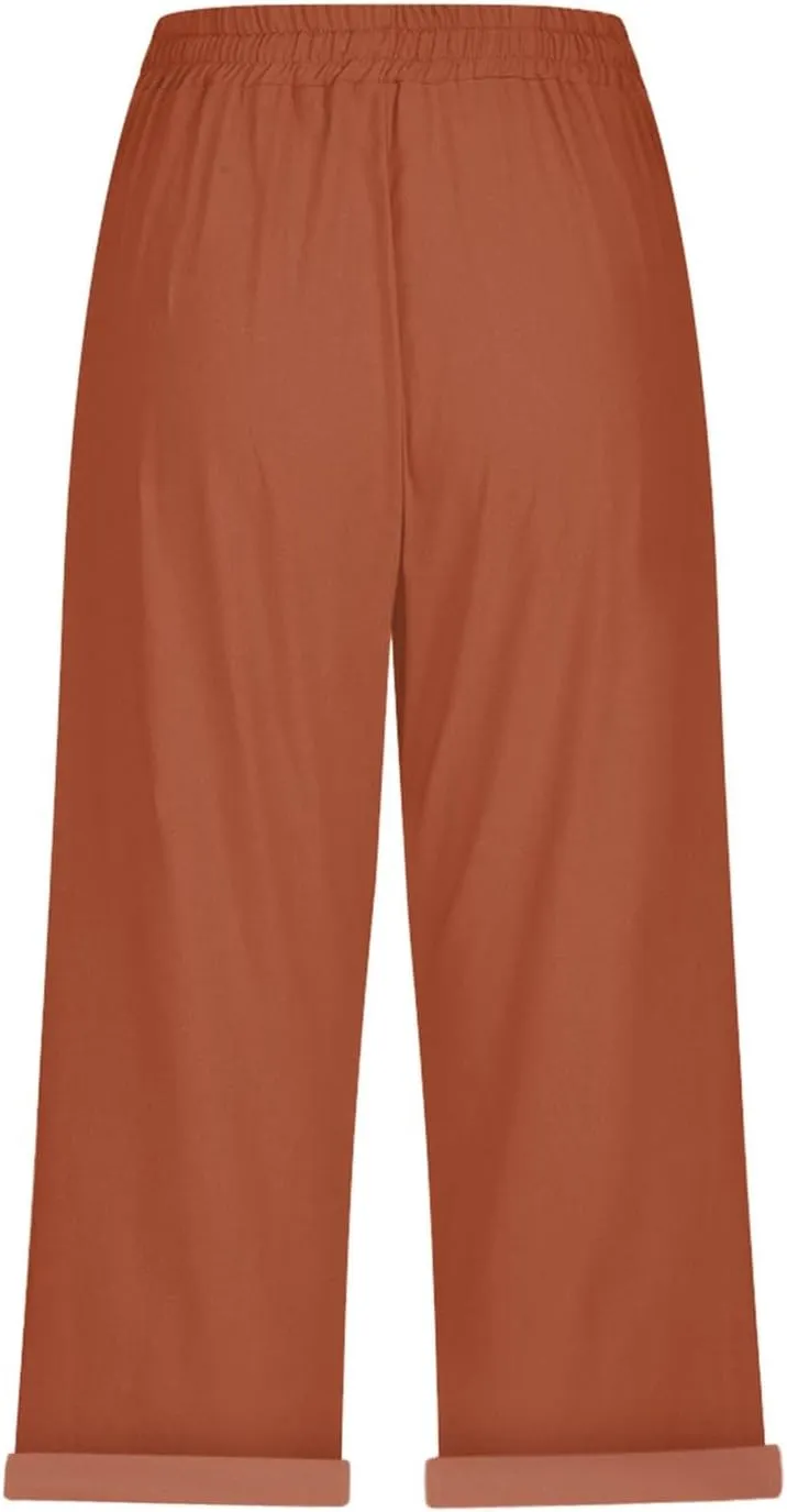Women's Linen Capri Summer Solid Color Causal Bermuda Elastic Waist Petite Pants Workout Lounge Beach Leisure Shorts