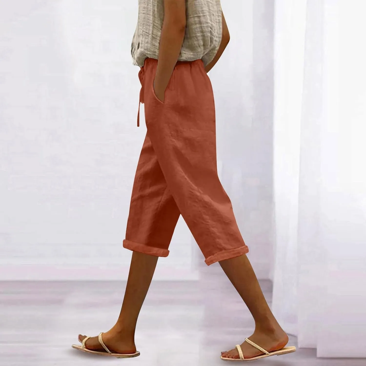 Women's Linen Capri Summer Solid Color Causal Bermuda Elastic Waist Petite Pants Workout Lounge Beach Leisure Shorts