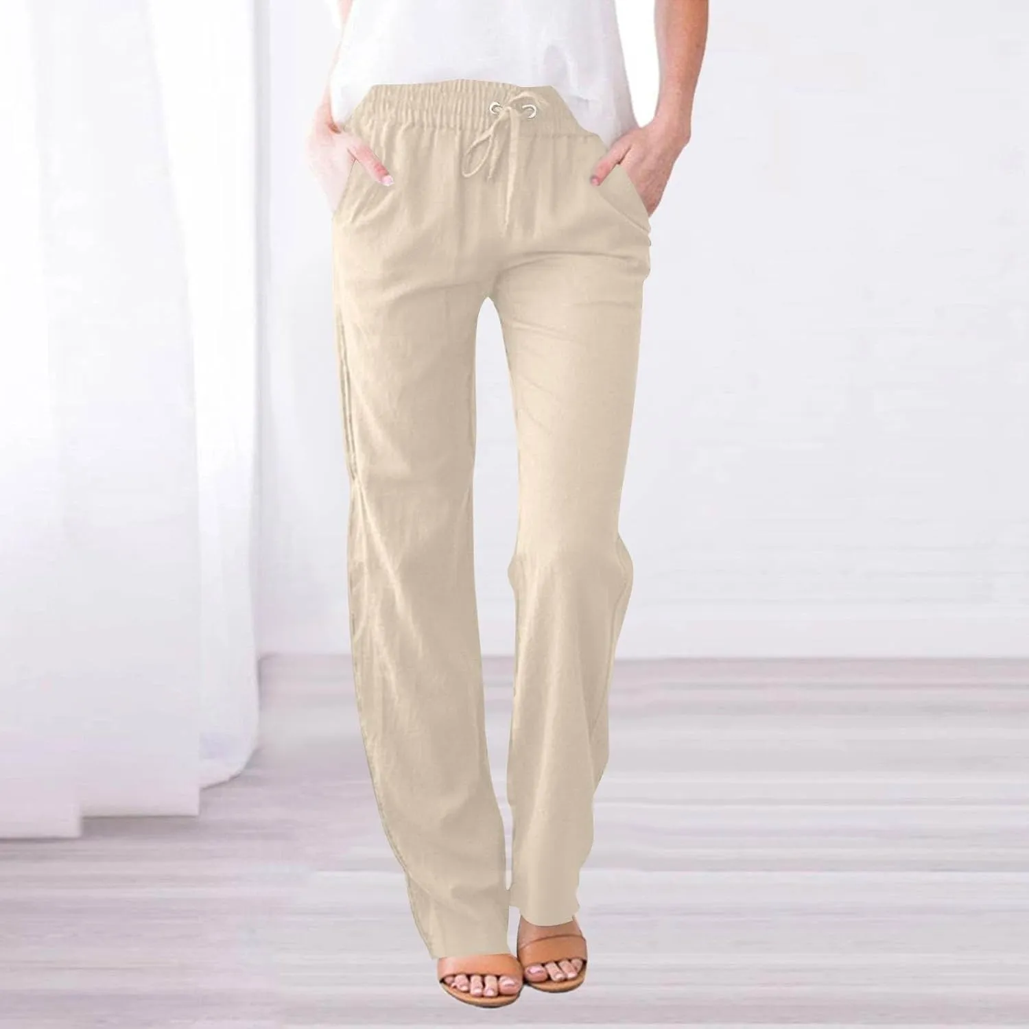 Womens Linen High Waist Pants Drawstring Wide Leg Loose Fit Summer Pants Trousers with Side Pockets