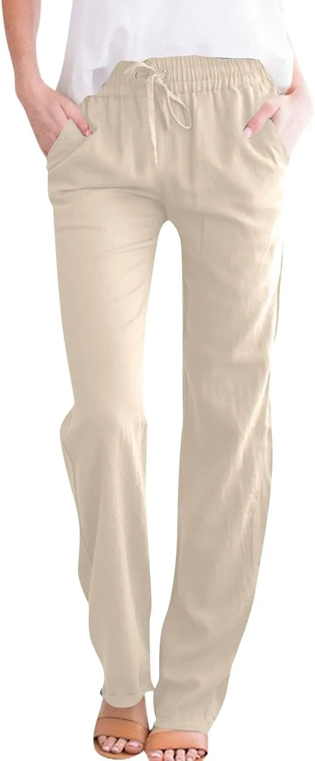 Womens Linen High Waist Pants Drawstring Wide Leg Loose Fit Summer Pants Trousers with Side Pockets