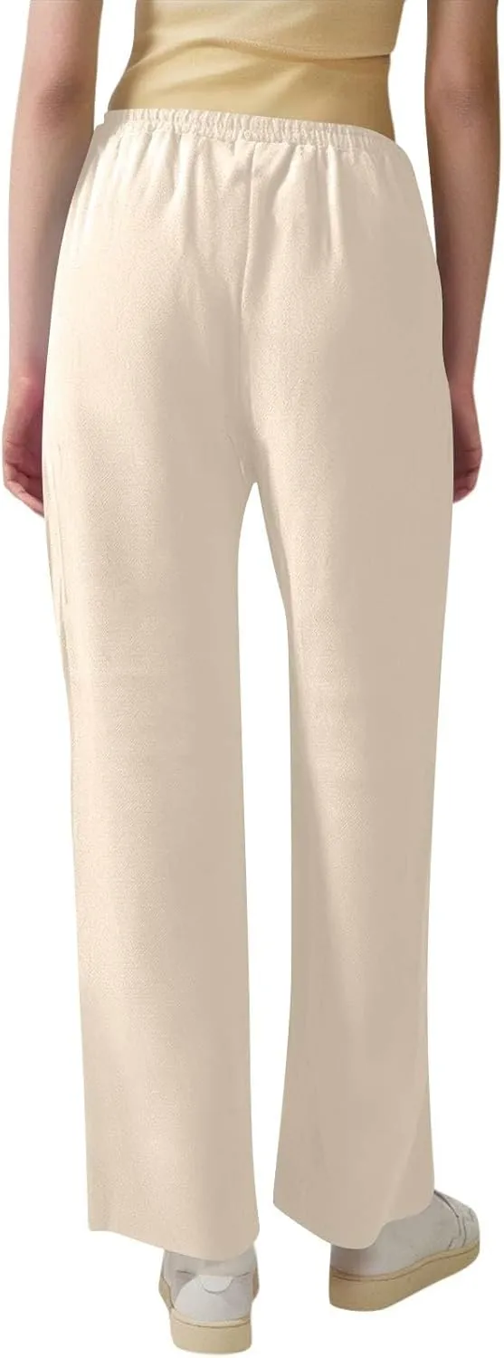 Womens Linen High Waist Pants Drawstring Wide Leg Loose Fit Summer Pants Trousers with Side Pockets