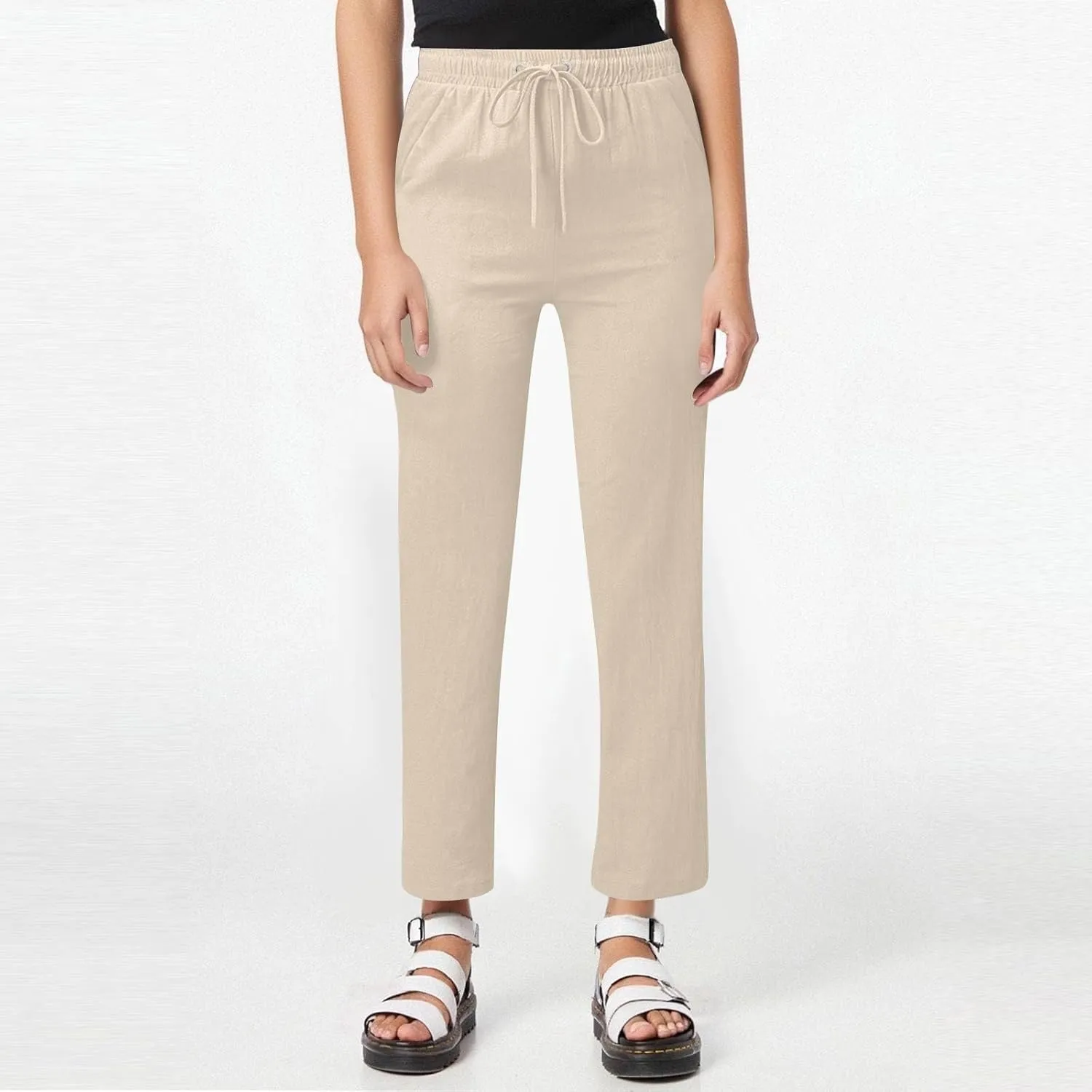 Womens Linen High Waist Pants Drawstring Wide Leg Loose Fit Summer Pants Trousers with Side Pockets