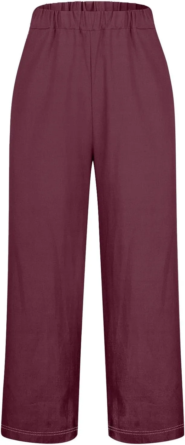 Women's Linen Palazzo Pants Cotton and Linen Long Pants Summer Boho Wide Leg High Waist Women Summer White