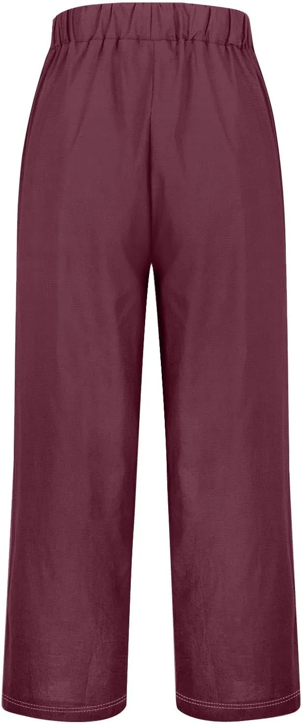 Women's Linen Palazzo Pants Cotton and Linen Long Pants Summer Boho Wide Leg High Waist Women Summer White