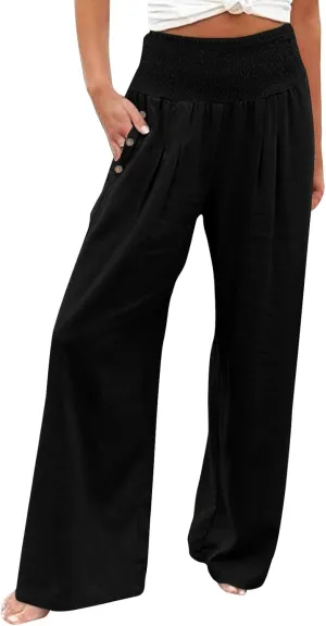 Women's Linen Palazzo Pants Wide Leg Pants Summer Flowy High Waisted Palazzo Flowy Wide Leg Beach Pants with Pockets