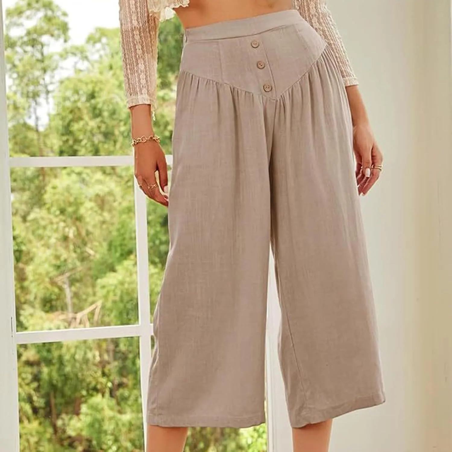 Women's Linen Pants Capri Elastic Waist Trousers High Waisted Palazzo Pants Belted Wide Leg Trousers with Pockets
