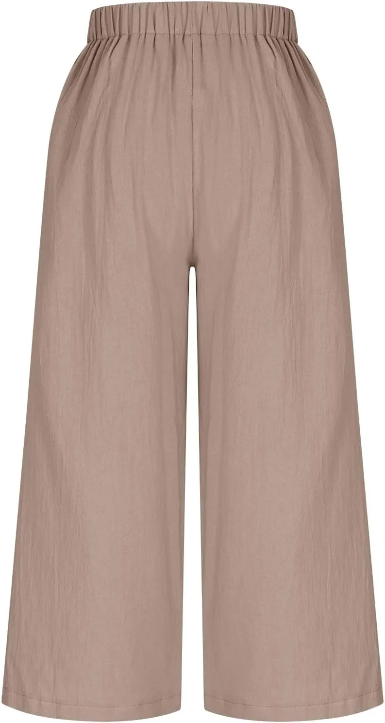 Women's Linen Pants Capri Elastic Waist Trousers High Waisted Palazzo Pants Belted Wide Leg Trousers with Pockets