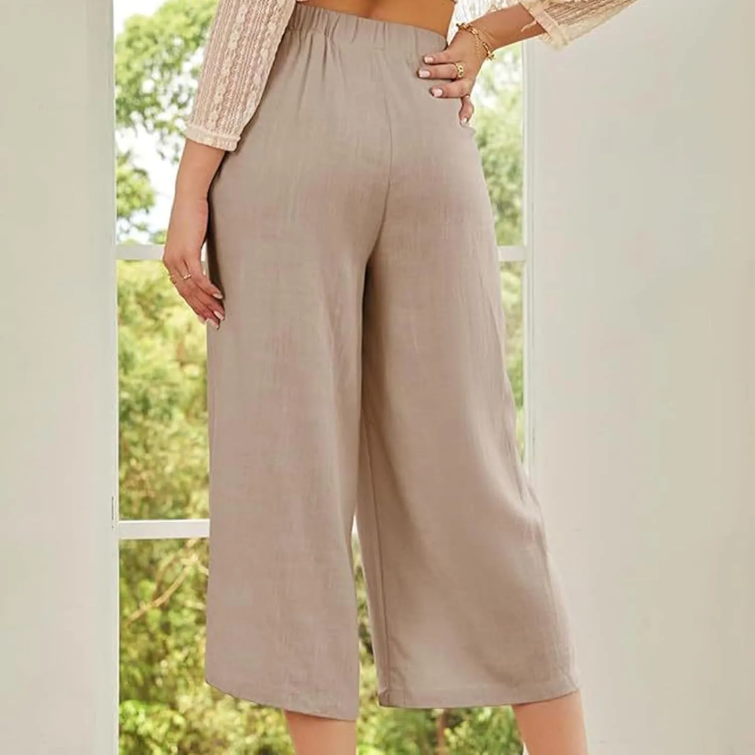 Women's Linen Pants Capri Elastic Waist Trousers High Waisted Palazzo Pants Belted Wide Leg Trousers with Pockets