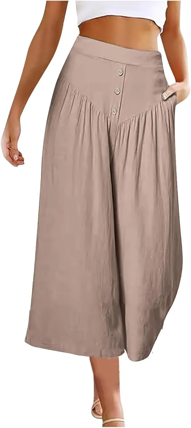 Women's Linen Pants Capri Elastic Waist Trousers High Waisted Palazzo Pants Belted Wide Leg Trousers with Pockets