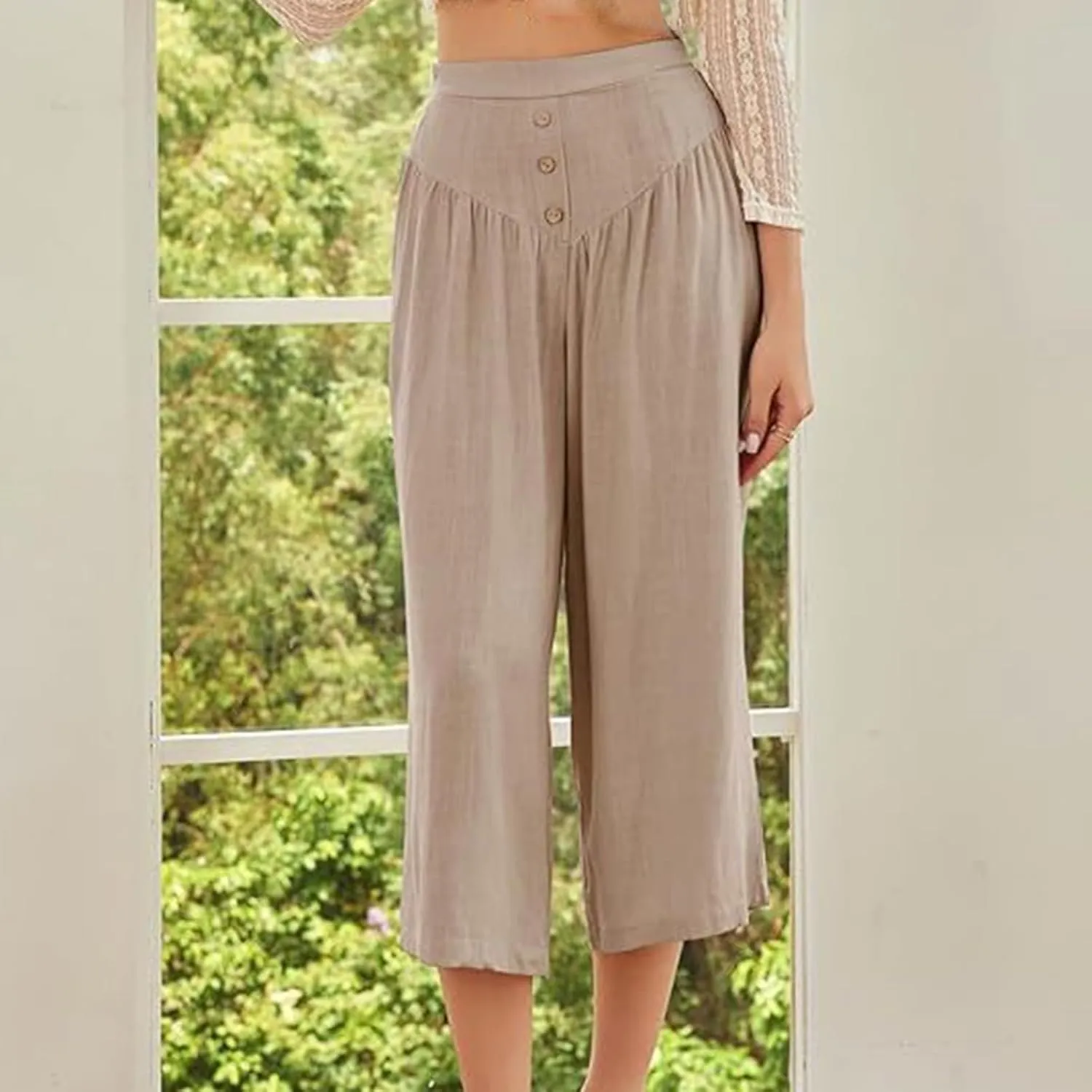 Women's Linen Pants Capri Elastic Waist Trousers High Waisted Palazzo Pants Belted Wide Leg Trousers with Pockets