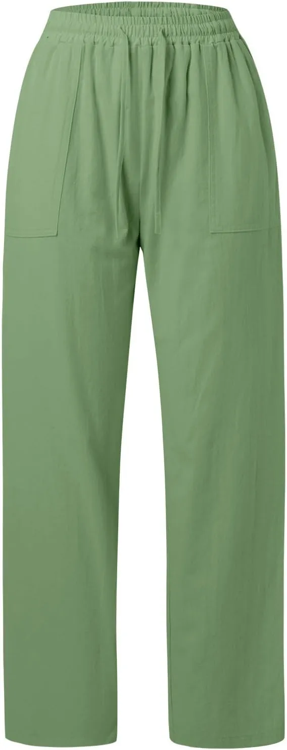 Women's Linen Pants Casual Button up High Waisted Pant Dressy Wide Leg Long Trousers Pant Palazzo Lounge Pants