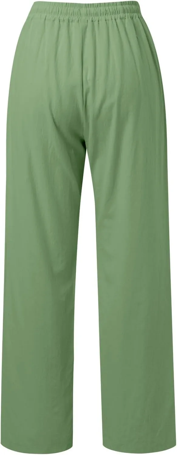 Women's Linen Pants Casual Button up High Waisted Pant Dressy Wide Leg Long Trousers Pant Palazzo Lounge Pants