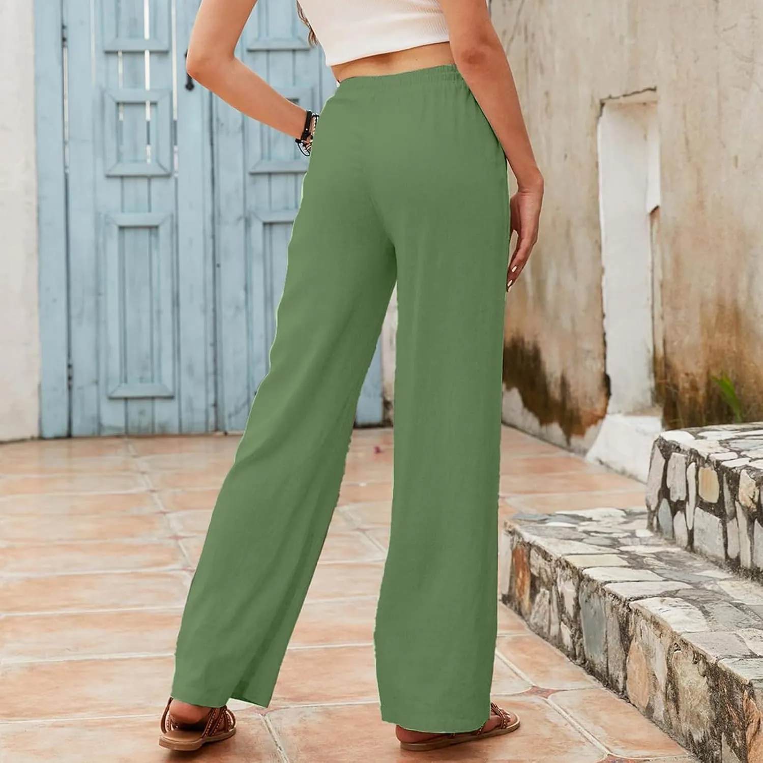 Women's Linen Pants Casual Button up High Waisted Pant Dressy Wide Leg Long Trousers Pant Palazzo Lounge Pants