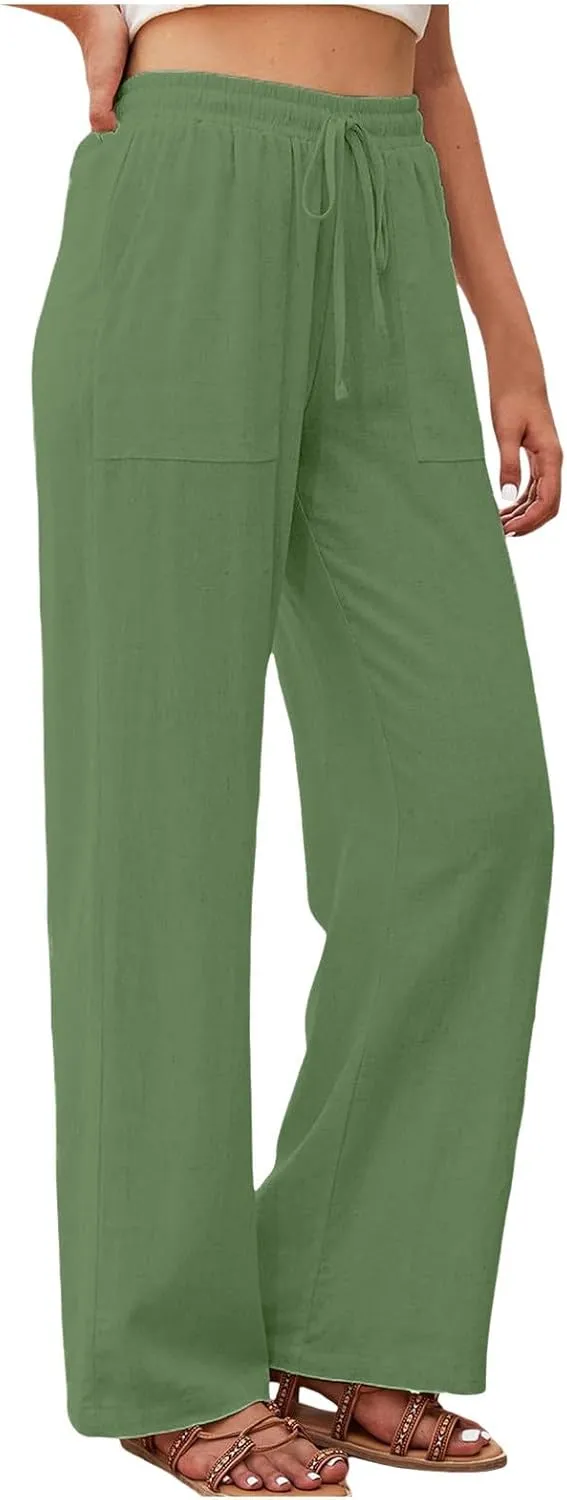 Women's Linen Pants Casual Button up High Waisted Pant Dressy Wide Leg Long Trousers Pant Palazzo Lounge Pants