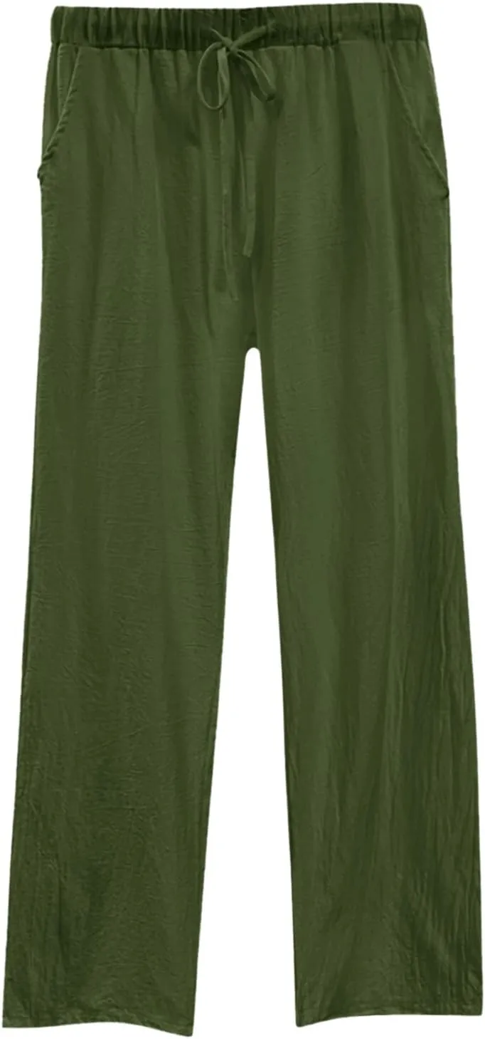 Womens Linen Pants Casual Loose Lightweight Wide Leg Trousers with Pockets Straight Leg Lounge High Waisted Elastic