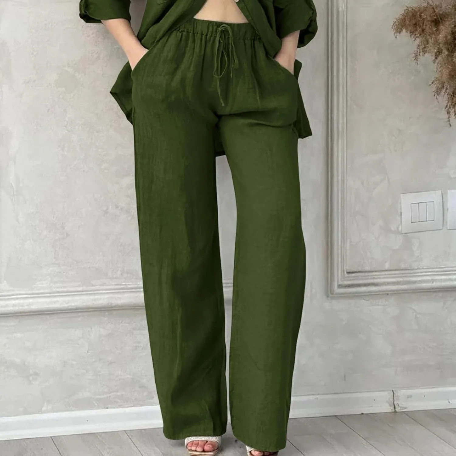 Womens Linen Pants Casual Loose Lightweight Wide Leg Trousers with Pockets Straight Leg Lounge High Waisted Elastic