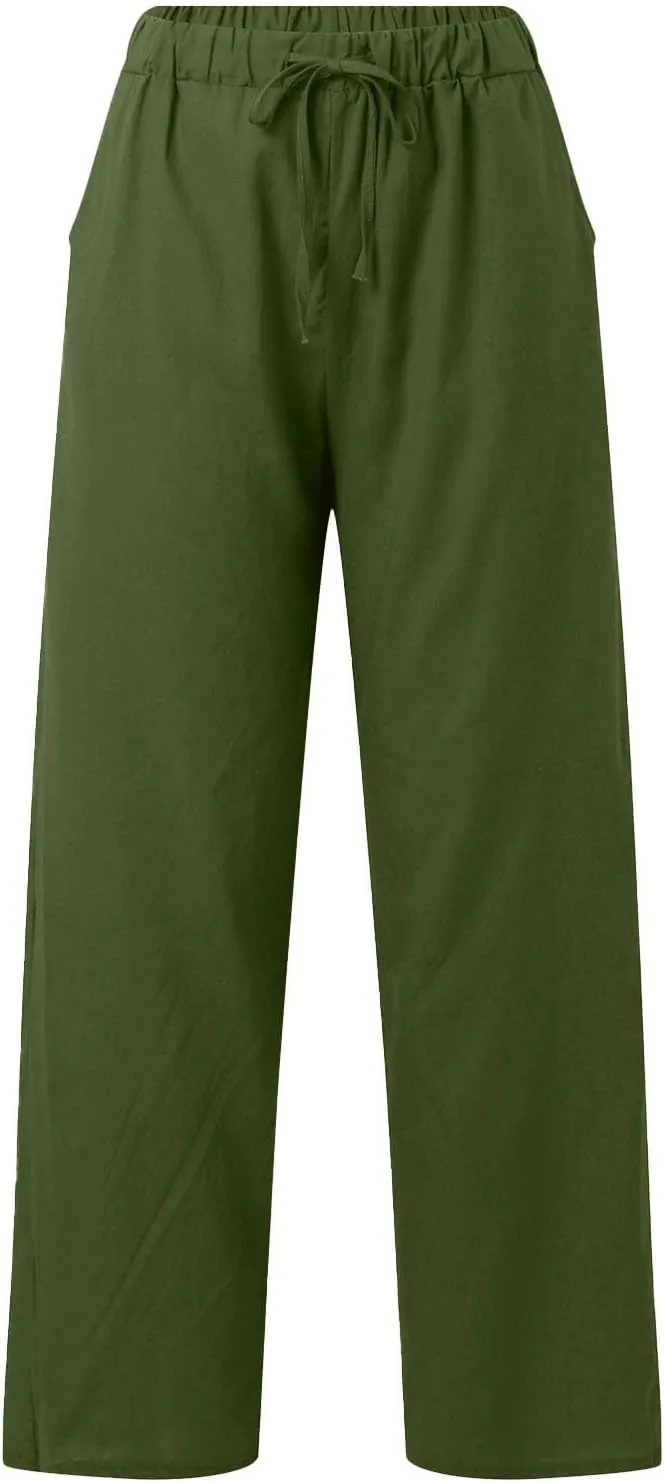 Womens Linen Pants Casual Loose Lightweight Wide Leg Trousers with Pockets Straight Leg Lounge High Waisted Elastic
