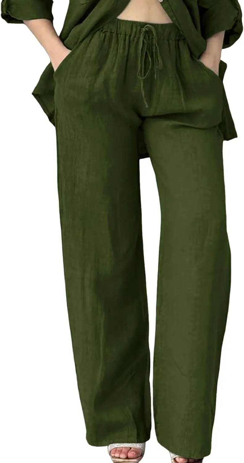 Womens Linen Pants Casual Loose Lightweight Wide Leg Trousers with Pockets Straight Leg Lounge High Waisted Elastic