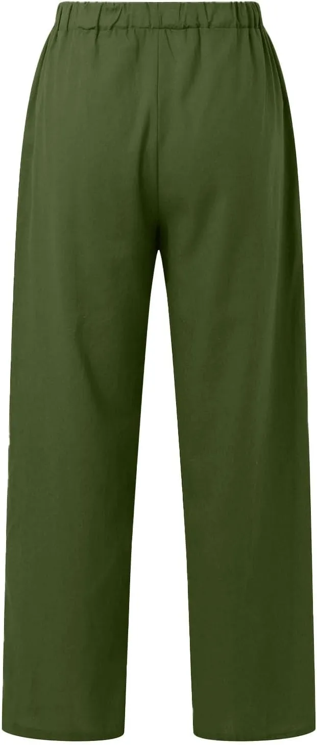 Womens Linen Pants Casual Loose Lightweight Wide Leg Trousers with Pockets Straight Leg Lounge High Waisted Elastic