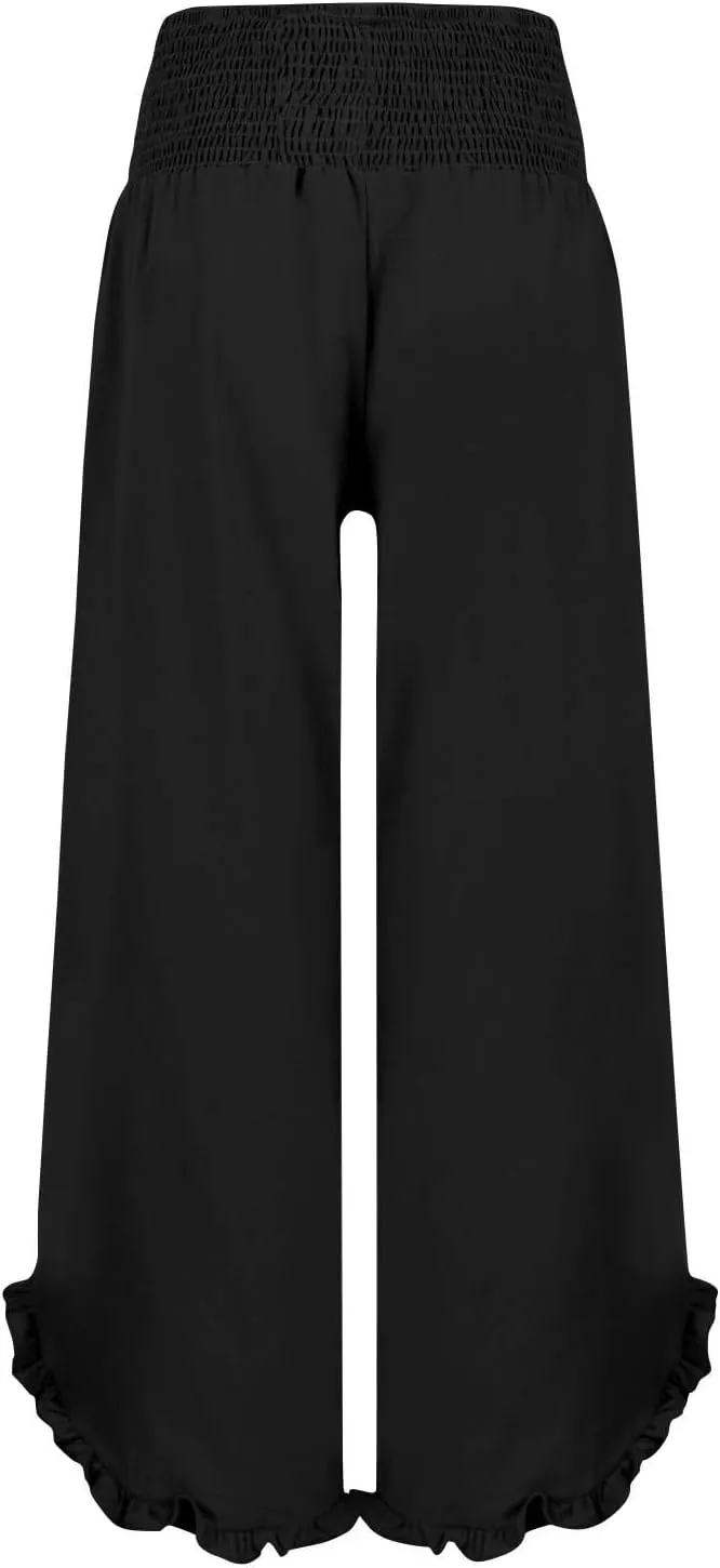 Womens Linen Pants Elastic High Waisted Tummy Control Summer Beach Pants Pull on Travel Vacation Trousers with Pockets