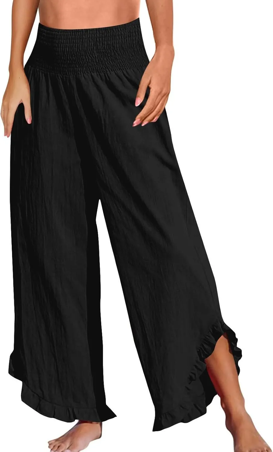Womens Linen Pants Elastic High Waisted Tummy Control Summer Beach Pants Pull on Travel Vacation Trousers with Pockets