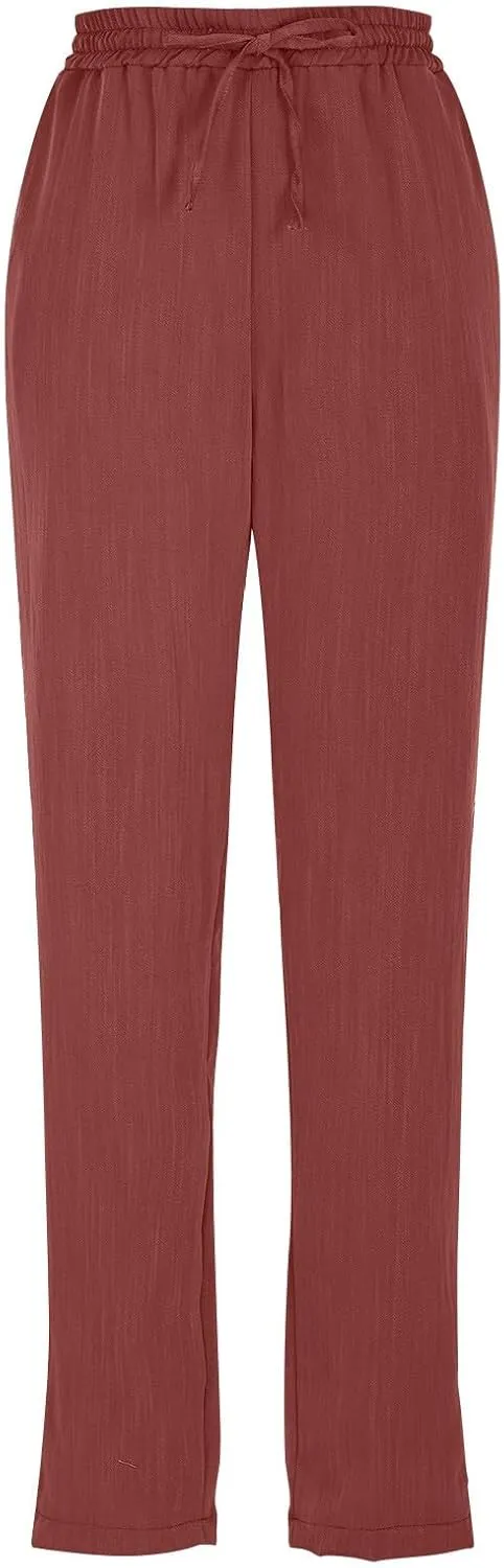 Womens Linen Pants Straight Leg Elastic Drawstring Lightweight Trousers Summer Beach Lounge Pants with Pockets