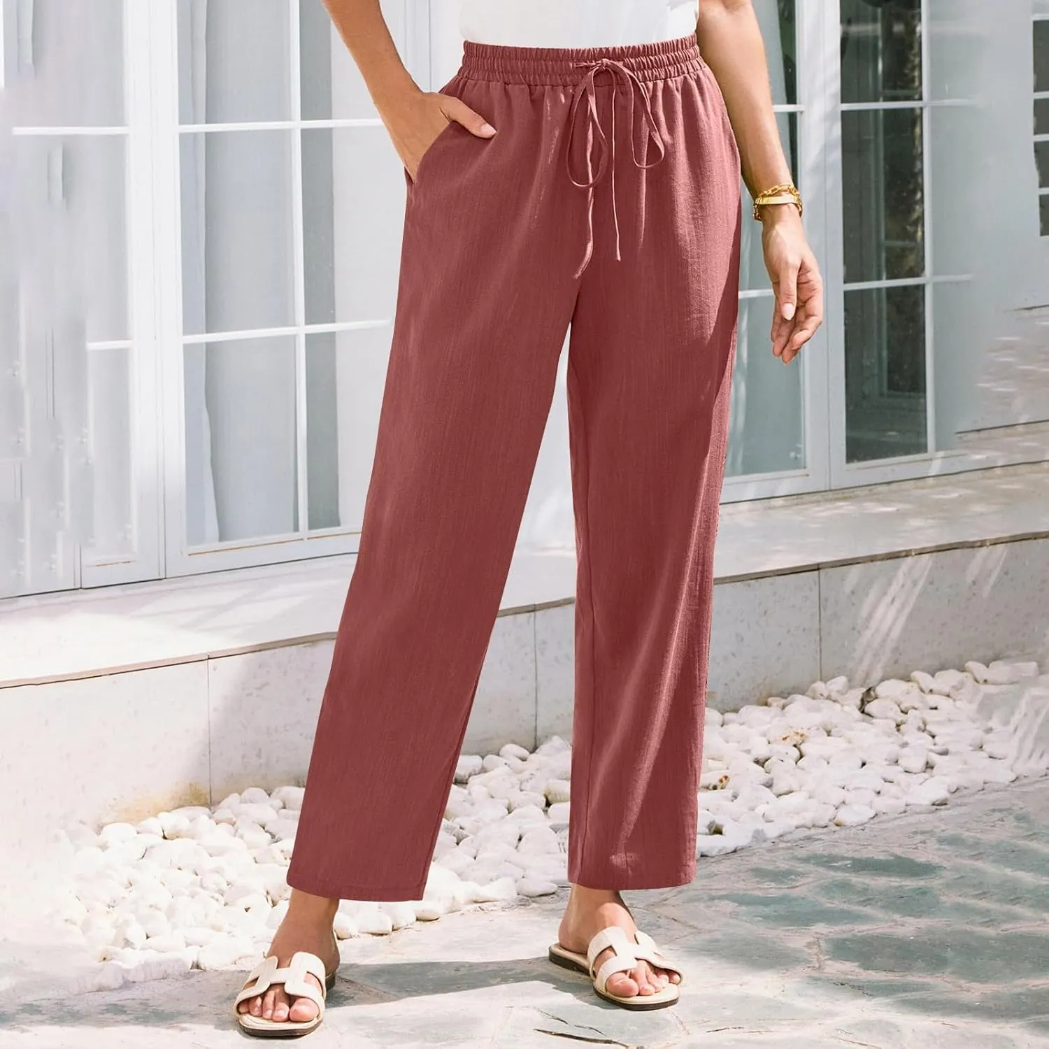 Womens Linen Pants Straight Leg Elastic Drawstring Lightweight Trousers Summer Beach Lounge Pants with Pockets