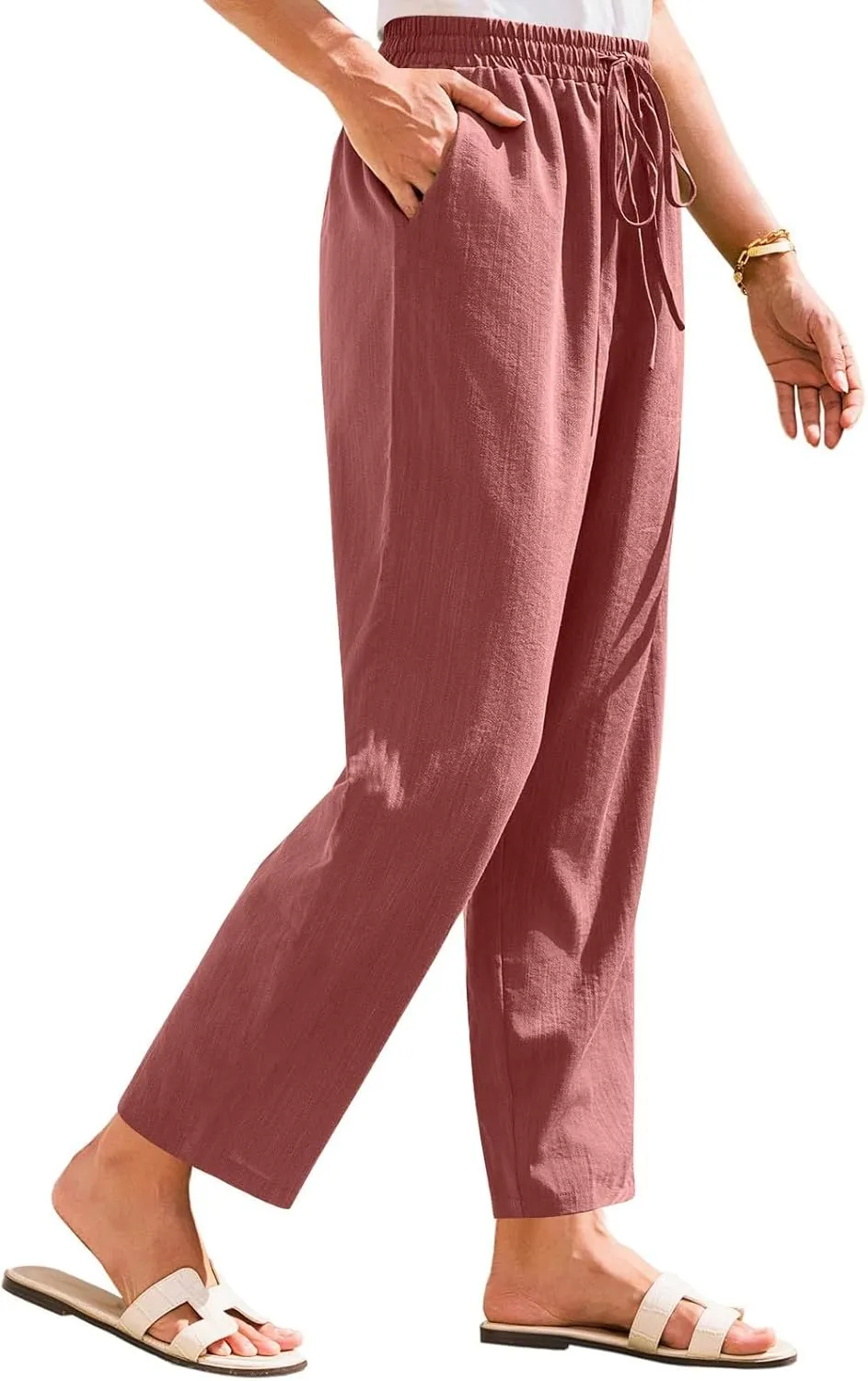 Womens Linen Pants Straight Leg Elastic Drawstring Lightweight Trousers Summer Beach Lounge Pants with Pockets