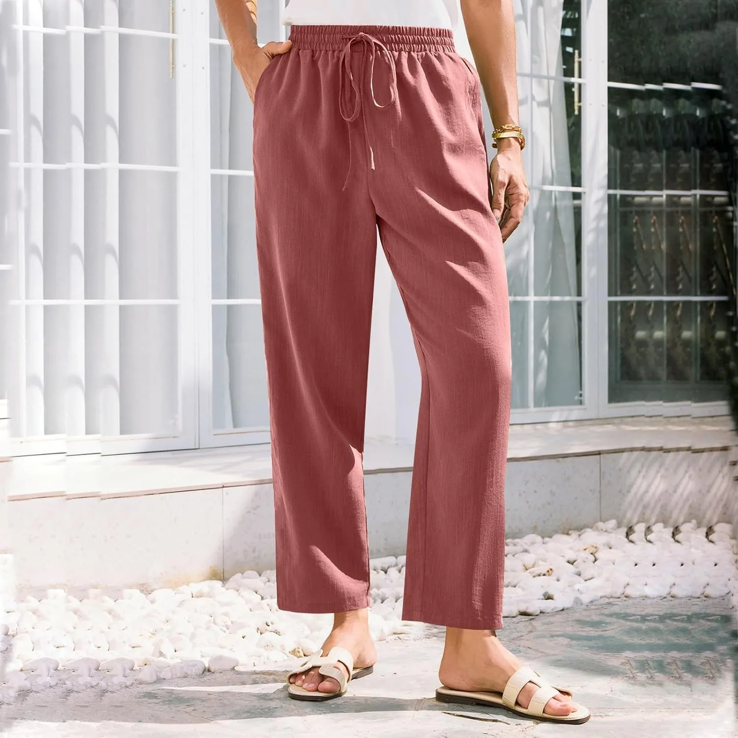 Womens Linen Pants Straight Leg Elastic Drawstring Lightweight Trousers Summer Beach Lounge Pants with Pockets