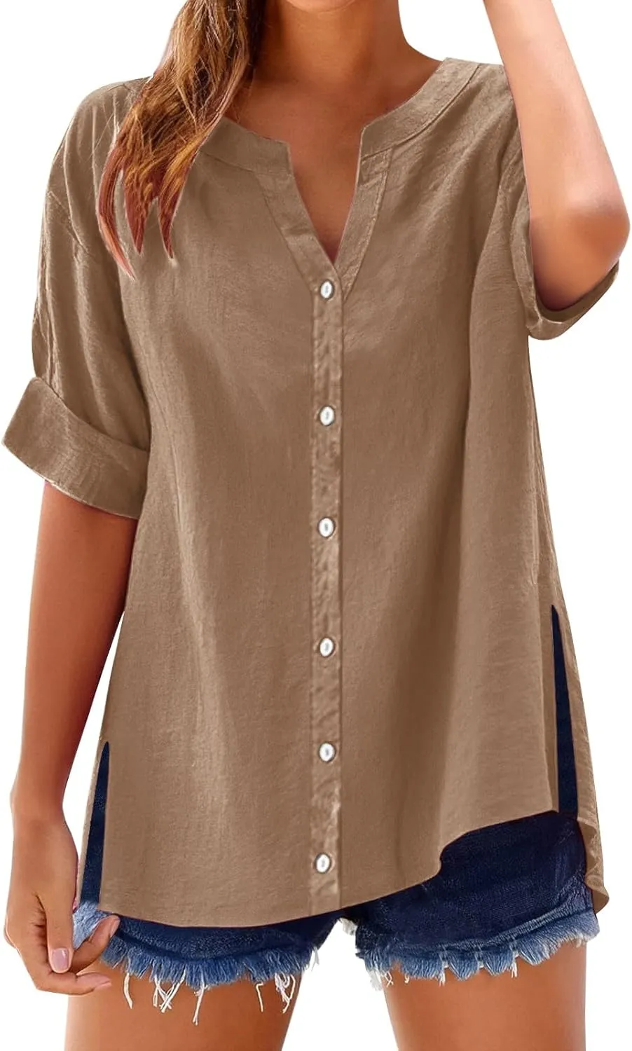Women's Linen Shirt Stand Collar Solid Color Tops 3/4 Sleeve Casual T-Shirt Fashionable Comfy Loose Button Blouse