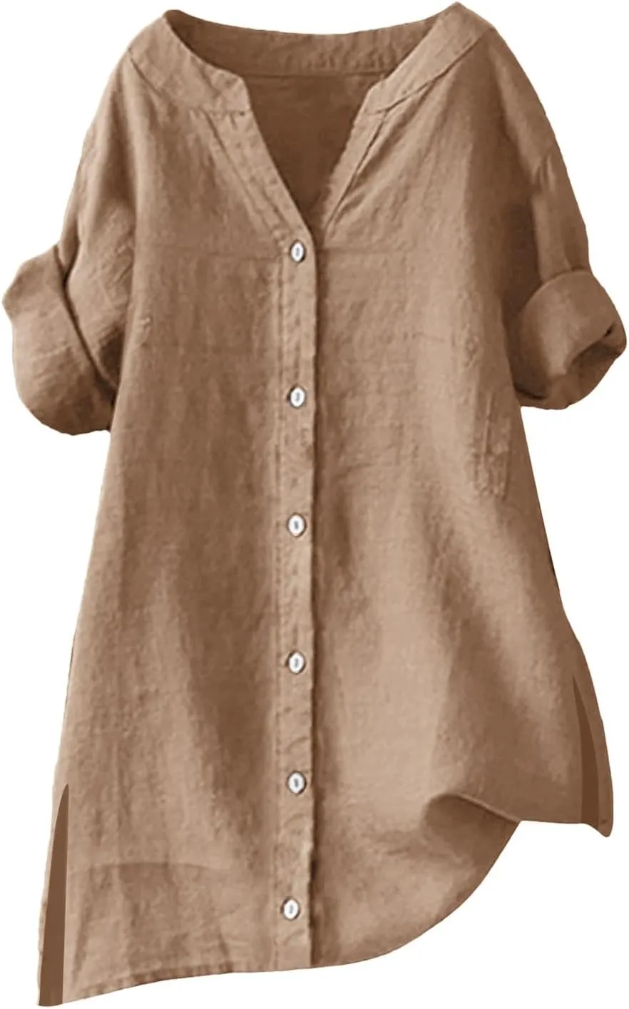 Women's Linen Shirt Stand Collar Solid Color Tops 3/4 Sleeve Casual T-Shirt Fashionable Comfy Loose Button Blouse