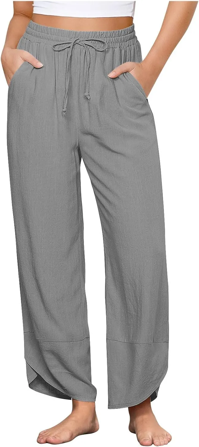 Women's Linen Wide Leg Pants High Waisted Loose Beach Palazzo Pants Summer Drawstring Cropped Trouser with Pockets